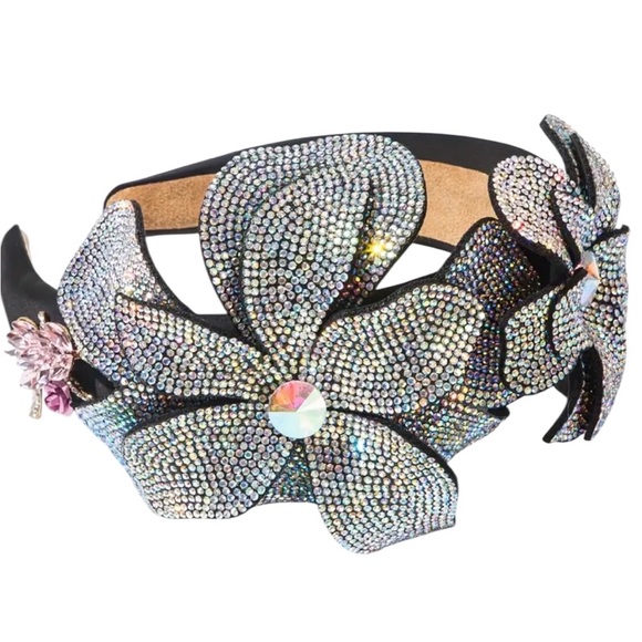 Silver Rhinestone Black Floral Headband - Picture 2 of 4